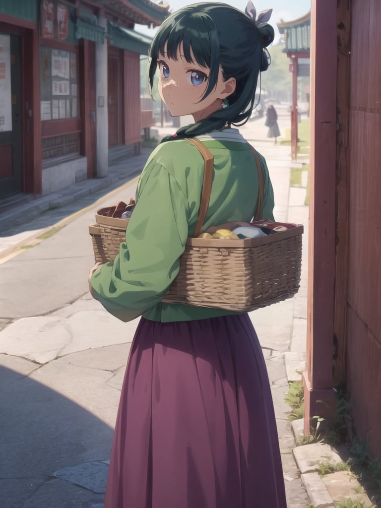 Maomao, east asian architecture, blunt bangs, green hair, long hair, blue eyes, solo, gonvgreen, sidelocks, twin braids, hair over shoulder, hair beads, half updo, single hair bun, hair ribbon, blue ribbon, freckles, hanfu, green japanese clothes, long sleeves, wide sleeves, purple skirt, long skirt, shoes, outdoor, (carrying a basket on his back:1.2), looking at viewer