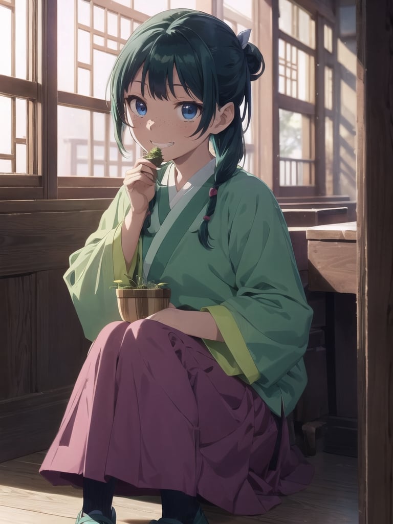 Maomao, indoors,Wood windows, Chinese architecture, left arm bandage, blunt bangs, green hair, long hair, blue eyes, solo, gonvgreen, sidelocks, twin braids, hair over shoulder, hair beads, half updo, single hair bun, hair ribbon, blue ribbon, freckles, hanfu, green japanese clothes, long sleeves, wide sleeves, purple skirt, long skirt, shoes, sitting, eating, grin,star eyes,eating herbs,herbs,  looking at viewer,