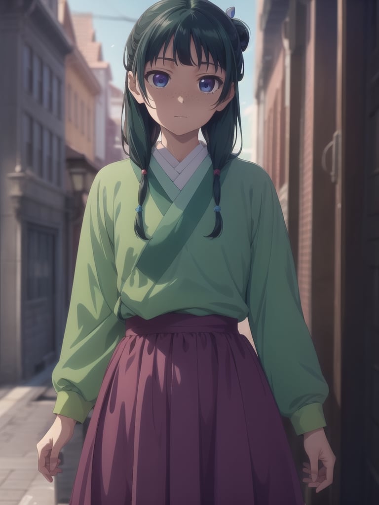 cowboy shot,hand on hip,,maomao,1girl,blunt bangs,green hair,long hair,blue eyes,solo,gonvgreen,sidelocks,twin braids,hair over shoulder,hair beads,half updo,single hair bun,hair ribbon,blue ribbon,freckles,hanfu,green japanese clothes,long sleeves,wide sleeves,purple skirt,long skirt,shoes, Exquisite visuals, high-definition,masterpiece,best quality,, 18yo,Young female,Beautiful Fingers,Beautiful long legs,Beautiful body,Beautiful Nose,Beautiful character design, perfect eyes, perfect face,expressive eyes, official art,extremely detailed CG unity 8k wallpaper, perfect lighting,Colorful, Bright_Front_face_Lighting,shiny skin, (masterpiece:1.0),(best_quality:1.0), ultra high res,4K,ultra-detailed, photography, 8K, HDR, highres, absurdres:1.2, Kodak portra 400, film grain, blurry background, bokeh:1.2, lens flare, (vibrant_color:1.2), (beautiful_face:1.5),(narrow_waist), ,NSFW