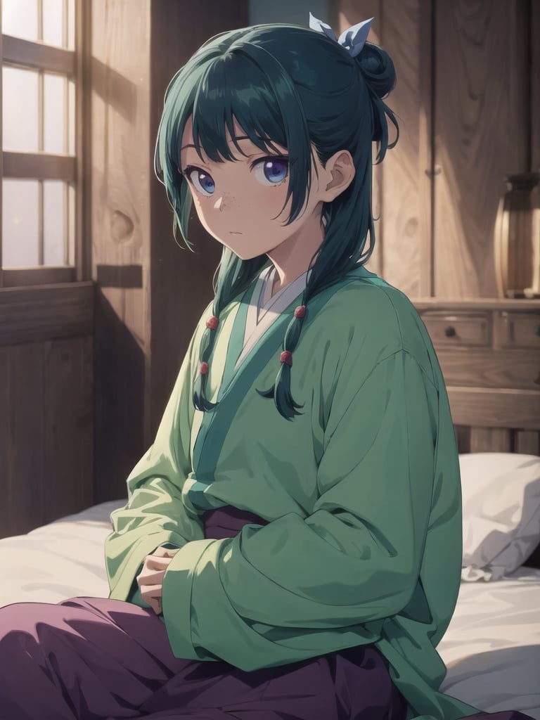 Maomao, indoors,Wood windows, Chinese architecture, left arm bandage, blunt bangs, green hair, long hair, blue eyes, solo, gonvgreen, sidelocks, twin braids, hair over shoulder, hair beads, half updo, single hair bun, hair ribbon, blue ribbon, freckles, hanfu, green japanese clothes, long sleeves, wide sleeves, purple skirt, long skirt, bed sitting, tired, star eyes, looking at viewer,