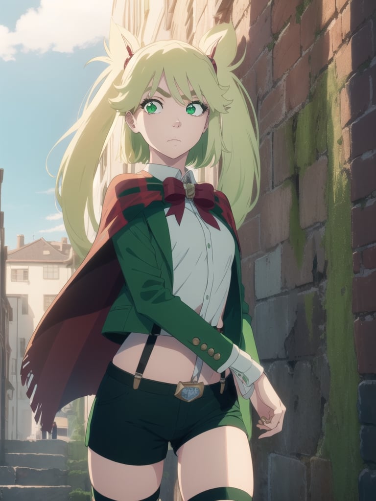 1girl, soro, ninnyspangcole, , ninny spangcole, long hair, blonde hair, (green eyes:1.5), twintails, two side up, shirt, thighhighs, long sleeves, bow, jacket, white shirt, shorts, bowtie, red bow, thigh strap, capelet, black shorts, suspenders, green jacket, suspender shorts, outdoors, city, sun, sky, clouds, looking at viewer, (cowboy shot:1.5), (masterpiece:1.2), best quality, high resolution, unity 8k wallpaper, (illustration:0.8), (beautiful detailed eyes:1.6), extremely detailed face, perfect lighting, extremely detailed CG, (perfect hands, perfect anatomy),ninny spangcole