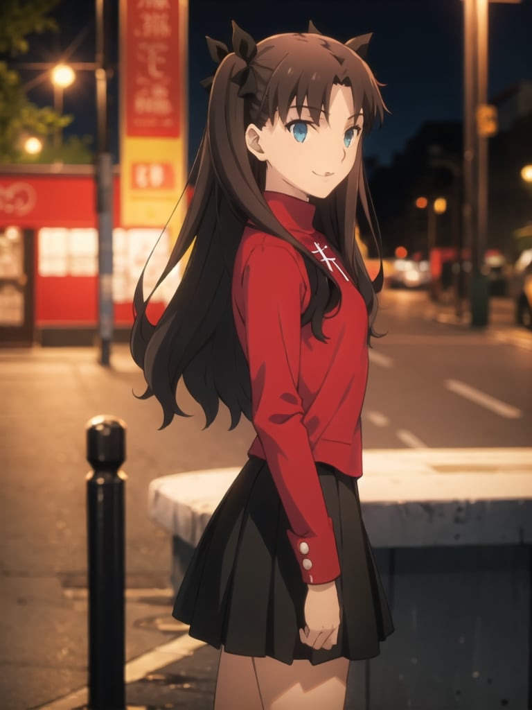 Top Quality, (Masterpiece: 1.2), High Definition, Around Town, Street Scene, Night, Rin Tohsaka, 1girl, Solo, Standing, from side, arms behind hip, Looking at Her, Smiling, Long Hair, Two Side Up, Brown Hair, Blue Eyes, Hair Ribbon, Red Turtleneck, Long Sleeves, Pleated skirt, black skirt, kneehighs,tohsaka rin