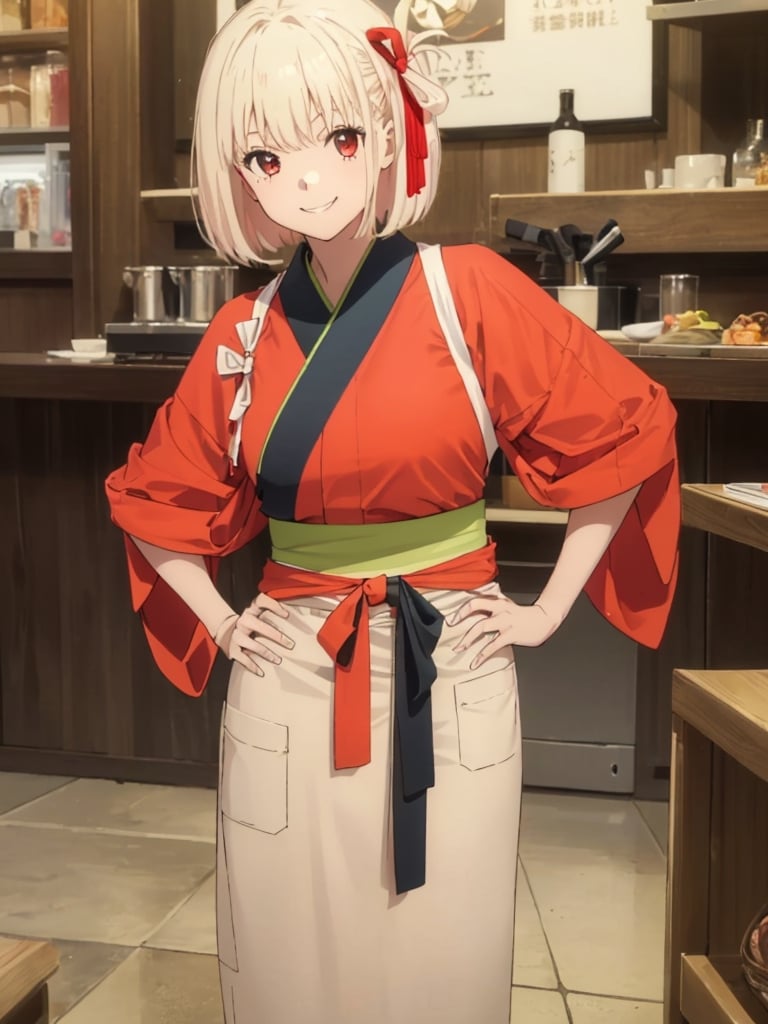 (masterpiece, best quality:1.4),,(1girl:1.3),(solo:1.3),(hands_on_hips:1.2),(seductive_smile:1.2),looking at viewer,chwo,japanese clothes,kimono,red kimono,tasuki,waist bow,apron,skirt,ribbon,hair ribbon,red ribbon,sash,obi,tabi,sandals,cafe,indoor,
