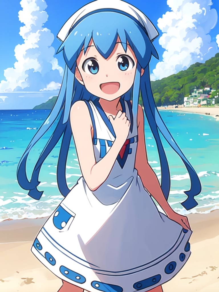 masterpiece, best quality, 1girl, beach, blue eyes, blue hair, dress, ikamusume, long hair, tentacle hair, laughing,  looking at viewer, ika,best quality,ika