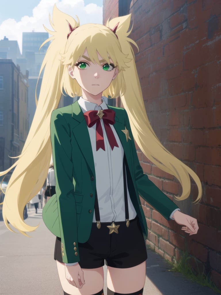 1girl, soro, ninnyspangcole, , ninny spangcole, long hair, blonde hair, (green eyes:1.5), twintails, two side up, shirt, thighhighs, long sleeves, bow, jacket, white shirt, shorts, bowtie, red bow, thigh strap, capelet, black shorts, suspenders, green jacket, suspender shorts, outdoors, city, sun, sky, clouds, looking at viewer, (cowboy shot:1.5), (masterpiece:1.2), best quality, high resolution, unity 8k wallpaper, (illustration:0.8), (beautiful detailed eyes:1.6), extremely detailed face, perfect lighting, extremely detailed CG, (perfect hands, perfect anatomy),ninny spangcole