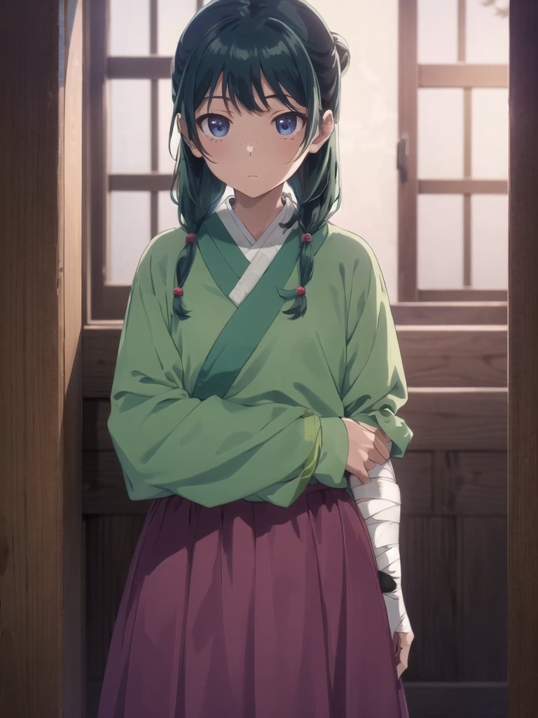 Maomao, indoors,Wood windows, Chinese architecture, (left arm bandage:1.5), blunt bangs, green hair, long hair, blue eyes, solo, gonvgreen, sidelocks, twin braids, hair over shoulder, hair beads, half updo, single hair bun, hair ribbon, blue ribbon, freckles, hanfu, green japanese clothes, long sleeves, wide sleeves, purple skirt, long skirt, Tasting the honey, star eyes, looking at viewer