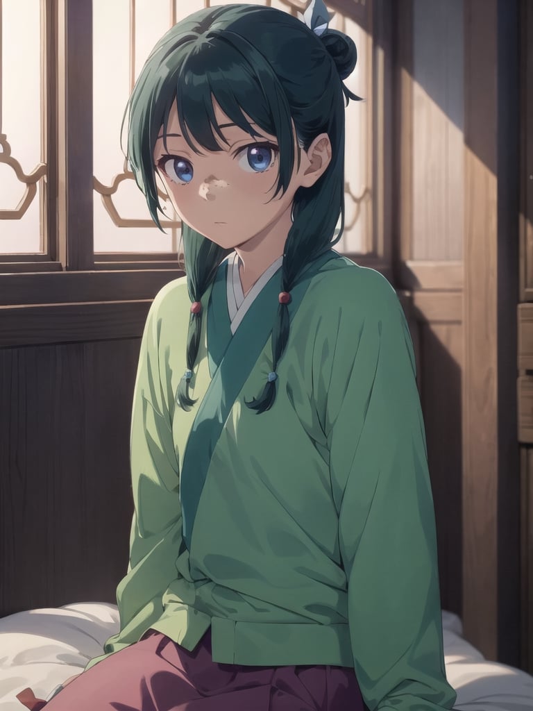 Maomao, indoors,Wood windows, Chinese architecture, left arm bandage, blunt bangs, green hair, long hair, blue eyes, solo, gonvgreen, sidelocks, twin braids, hair over shoulder, hair beads, half updo, single hair bun, hair ribbon, blue ribbon, freckles, hanfu, green japanese clothes, long sleeves, wide sleeves, purple skirt, long skirt, bed sitting, tired, star eyes, looking at viewer,