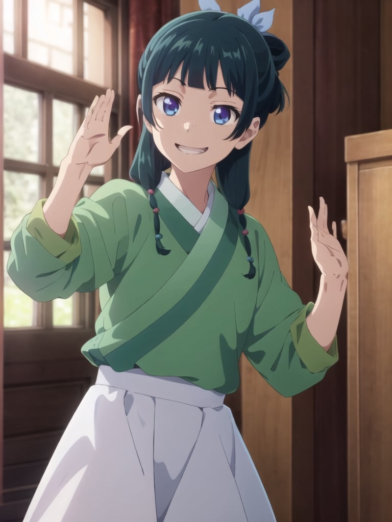 wariza,smile, maomao,1girl,blunt bangs,green hair,long hair,blue eyes,solo,xiyifu,hanfu,sidelocks,twin braids,hair over shoulder,hair beads,half updo,single hair bun,hair ribbon,blue ribbon,freckles,orange japanese clothes,white sleeves,layered sleeves,short over long sleeves,white skirt,long skirt,brown sash, shoes, grin smile,  (Raising one hand:1.5), Exquisite visuals, high-definition,masterpiece,best quality, 18yo,Young female,Beautiful Fingers,Beautiful long legs,Beautiful body,Beautiful Nose,Beautiful character design, perfect eyes, perfect face,expressive eyes, official art,extremely detailed CG unity 8k wallpaper, perfect lighting,Colorful, Bright_Front_face_Lighting,shiny skin, (masterpiece:1.0),(best_quality:1.0), ultra high res,4K,ultra-detailed, photography, 8K, HDR, highres, absurdres:1.2, Kodak portra 400, film grain, blurry background, bokeh:1.2, lens flare, (vibrant_color:1.2), (beautiful_face:1.5),(narrow_waist), ,NSFW,maomao
