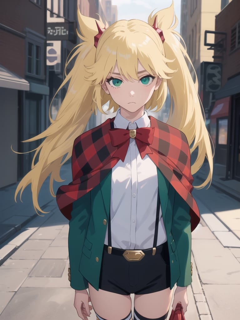 ((best quality)),((highly detailed)),masterpiece,absurdres,detailed face,beautiful face,(detailed eyes, deep eyes),1girl,((dynamic pose)), , Ninny, blonde hair, green eyes, twintails, shorts, jacket, long hair, suspender shorts, suspenders, thighhighs, shirt, looking to the side, white shirt, red bow, bow, standing, bowtie, black shorts, solo, solo focus, red bowtie, belt, capelet, hair ornament, short shorts, closed mouth, green jacket, bangs, walking, at night, (eyes looking away from the viewer:1.3, looking away from viewer:1.3), hands in pocket, nighttime, city streets, neon signs, crowd behind,, plaid, long sleeves, thigh strap, school uniform, looking away, cape, ribbon, frown, collared shirt, two side up, red capelet, open jacket
