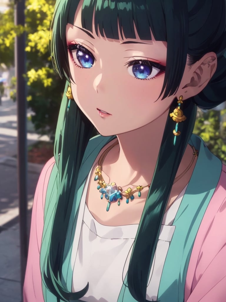 maomao,Dark green hair,blue eyes,hair ornament, hair bun, Earrings,Earrings,Gold necklaceï¼Red eye shadow((extremely realistic shading, masterpiece, extremely detailed, photorealistic))
