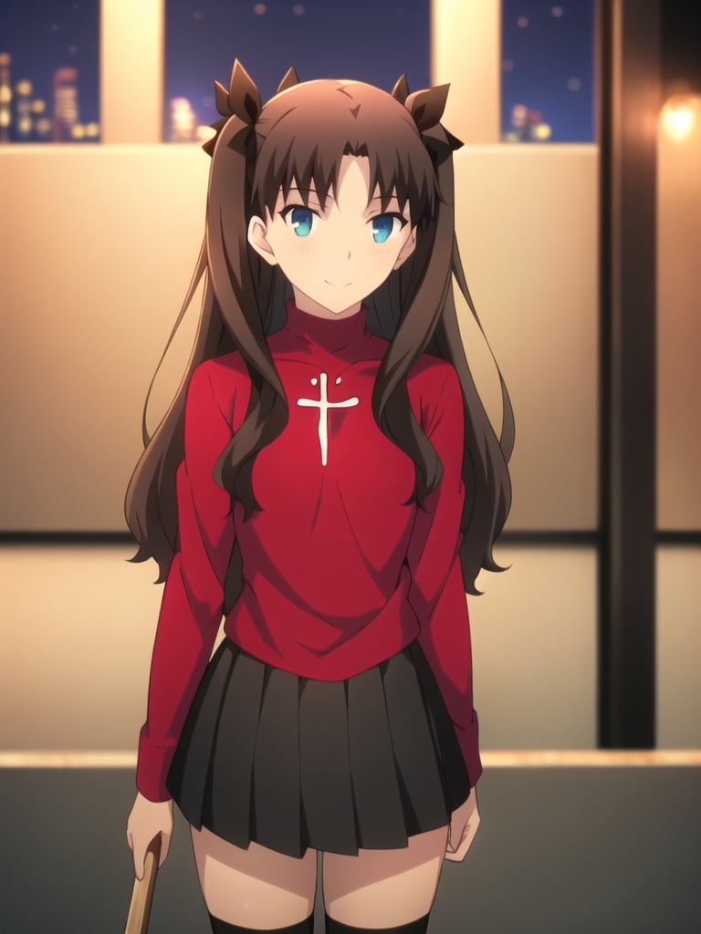 best quality, (masterpiece:1.2), highly detailed,city, cityscape, night,, tohsaka rin,1girl, solo, standing, looking at the viewer, smile, closed mouth, slight blush,long hair, two side up, brown hair, blue eyes, hair ribbon,red turtleneck, long sleeves, pleated skirt, black skirt, black thighhighs
