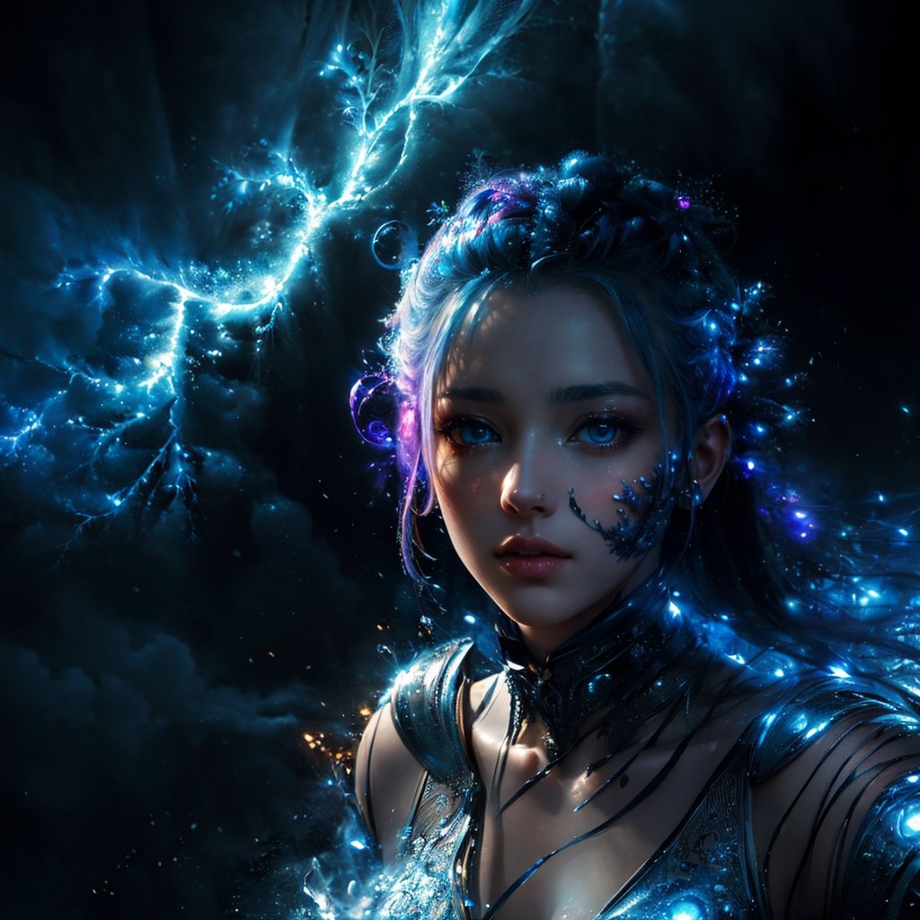 (masterpiece, top quality, best quality, official art, beautiful and aesthetic:1.2), (1girl), extreme detailed,(abstract, fractal art:1.3),colorful hair,highest detailed, detailed_eyes, fire, water, ice, lightning, light_particles, ghost,