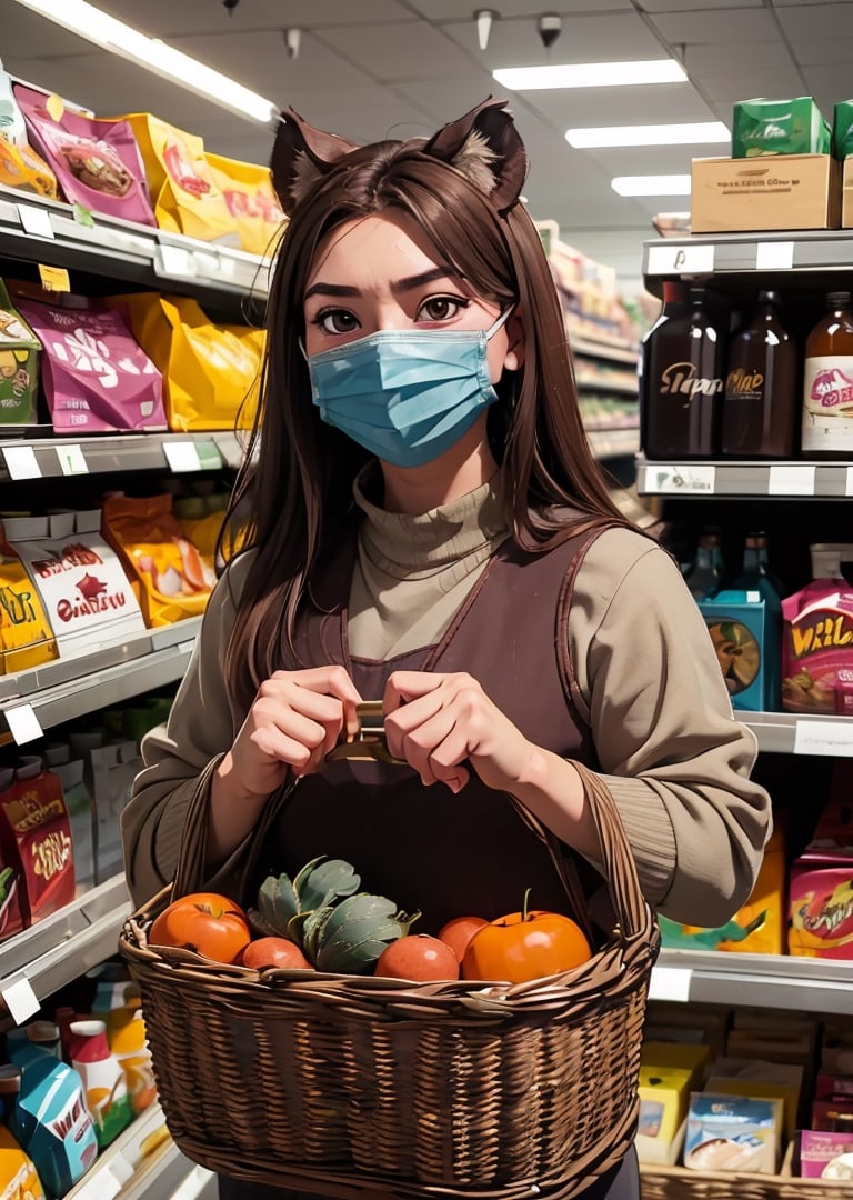 ((Wearing-wild boar mask)), (in a grocery store, holding basket, parody, 