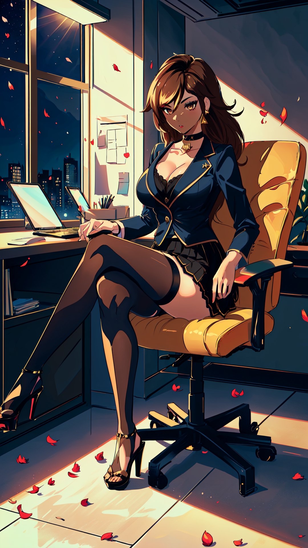 (1gril,))((office suit,)) ((office skirt,))  brown hair, gold earing, ((medium breast,)) (full body, )black stockings, choker, black heels, ((plataform heels,)) ((nigth, )) ((dark skin,)) long hair, petals_in_wind, siting, crossed_legs, dark skin,furia