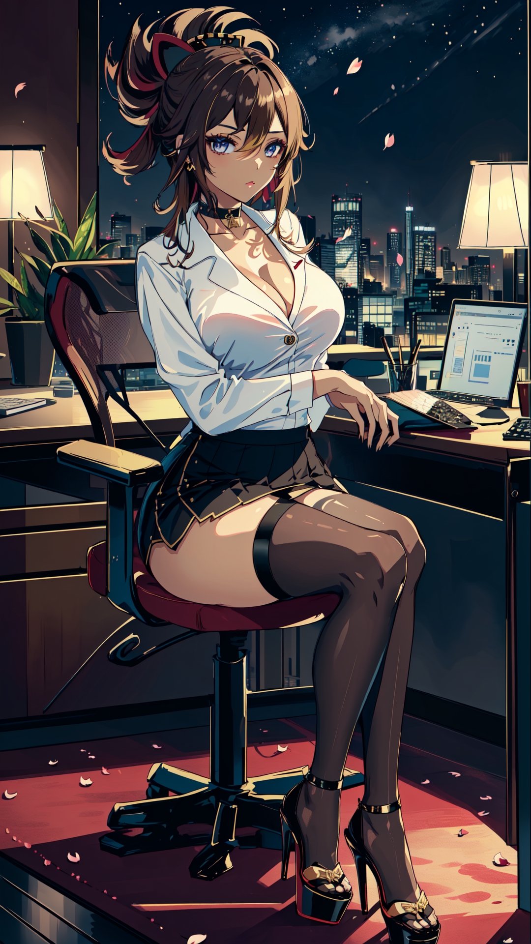 (1gril,))((office suit,)) ((office skirt,))  brown hair, gold earing, ((medium breast,)) (full body, )black stockings, choker, black heels, ((plataform heels,)) ((nigth, )) ((dark skin,)) long hair, petals_in_wind, siting, crossed_legs, dark skin,kukishinobudef