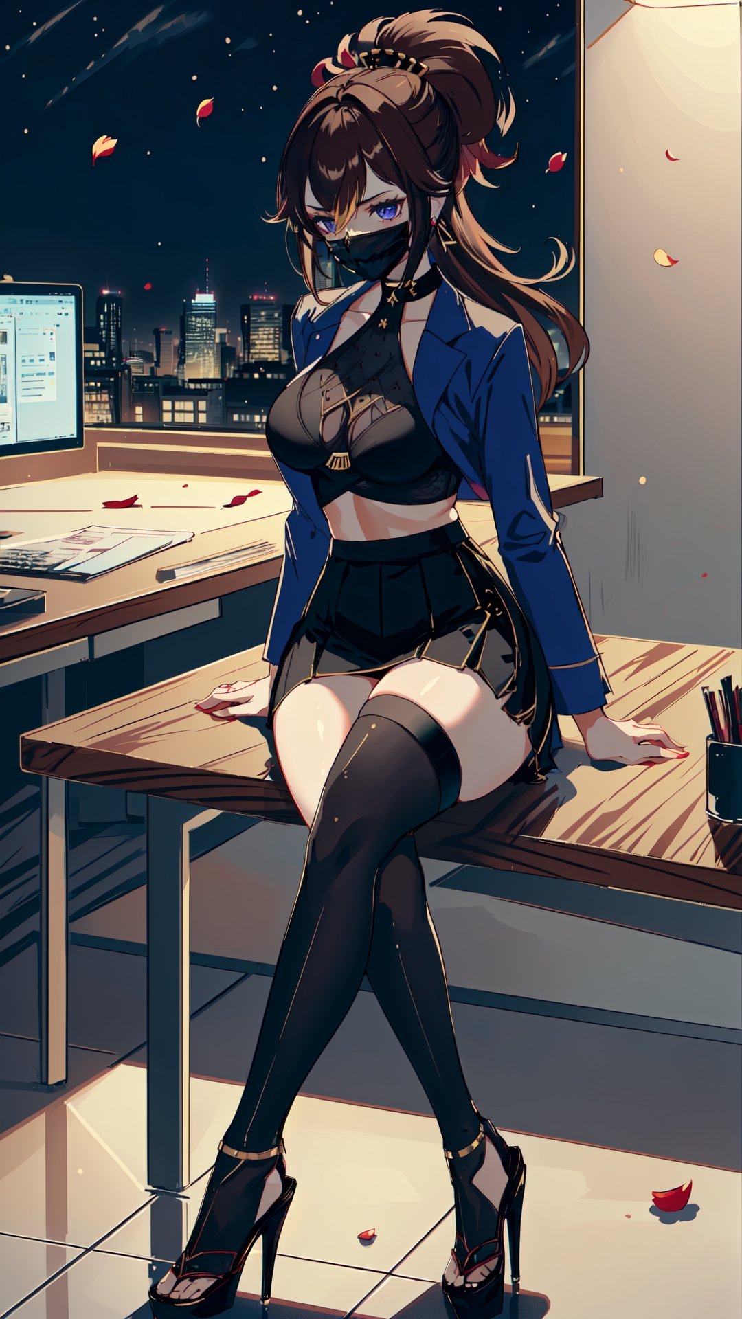 (1gril,))((office suit,)) ((office skirt,))  brown hair, gold earing, ((medium breast,)) (full body, )black stockings, choker, black heels, ((plataform heels,)) ((nigth, )) ((dark skin,)) long hair, petals_in_wind, siting, crossed_legs, dark skin,kukishinobudef