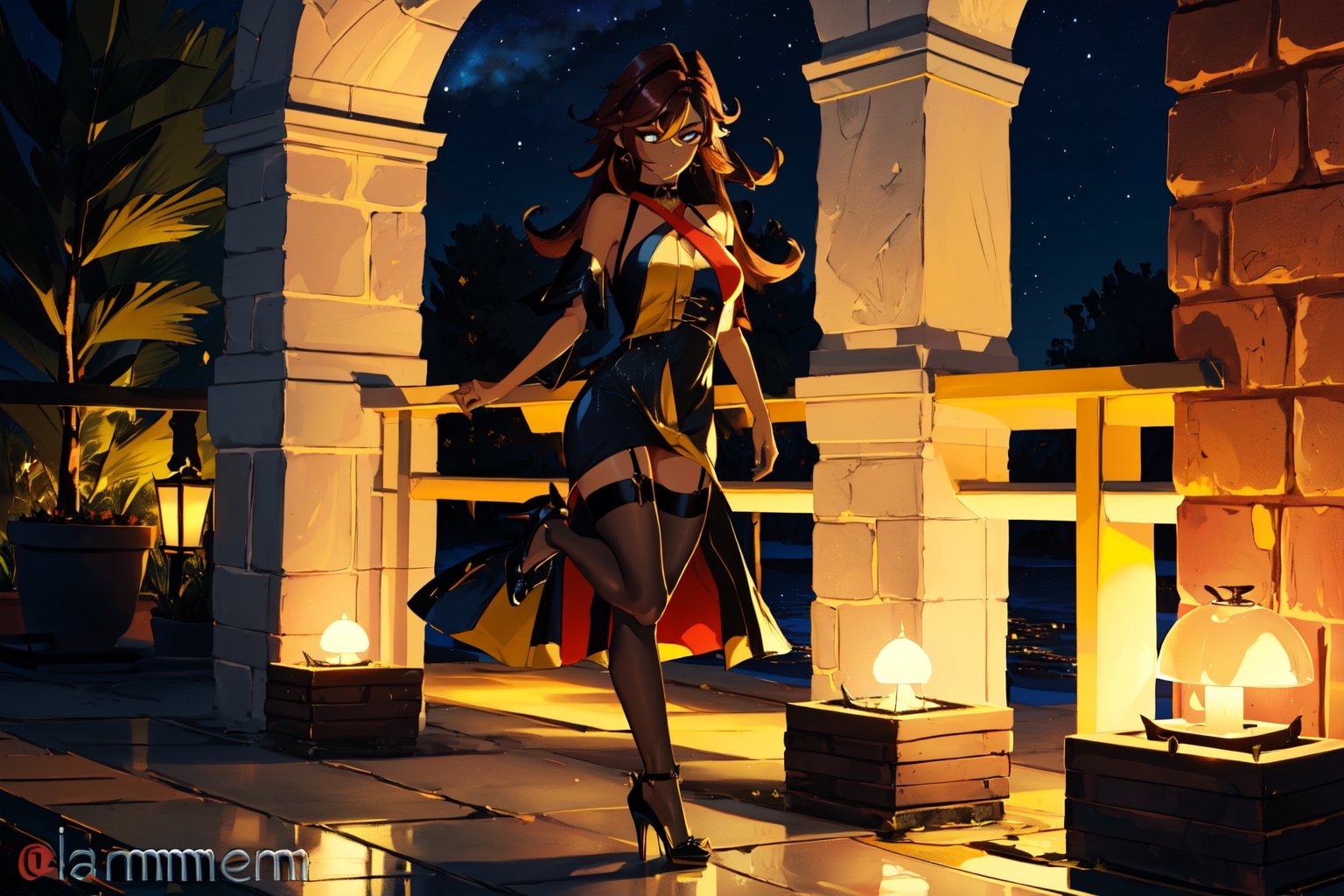 (1gril,)) dress, ((long dress)) cut_leg_dress, low cut, brown hair, gold earing, ((medium breast,)) (full body, )black stockings, choker, black heels, ((plataform heels,)) ((nigth, )) ((dark skin,)) long hair, dark_skinned_female,