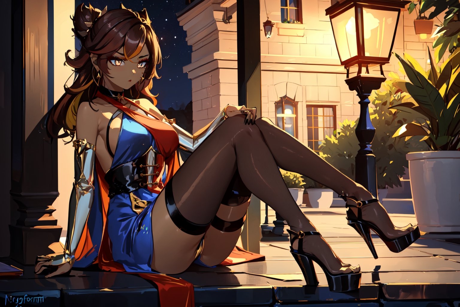 (1gril,)) dress, ((long dress)) cut_leg_dress, low cut, brown hair, gold earing, ((medium breast,)) (full body, )black stockings, choker, black heels, ((plataform heels,)) ((nigth, )) ((dark skin,)) long hair, dark_skinned_female,