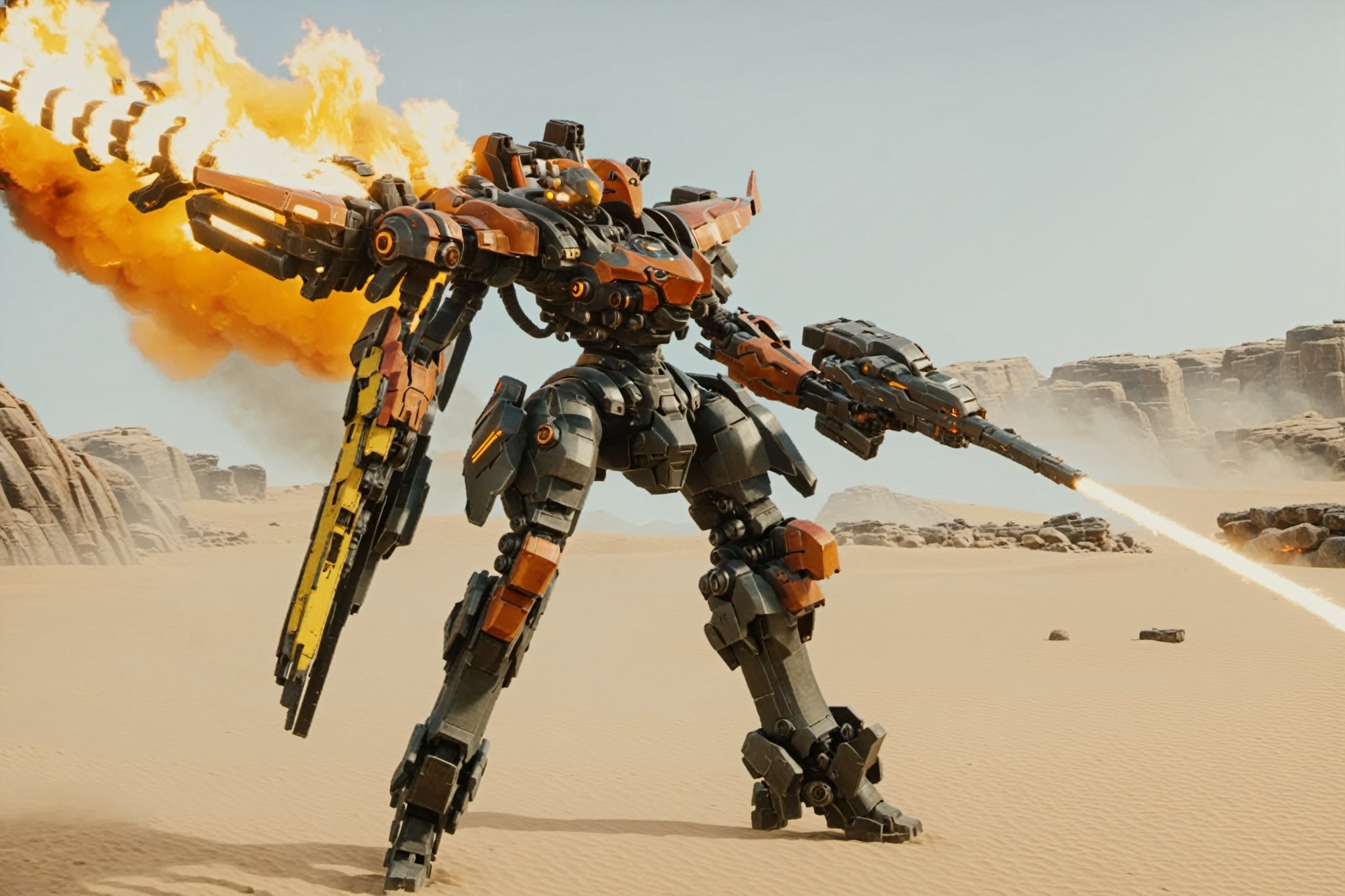 4k, 8k, (((masterpiece))), (((best quality))), (((ultra high res))), dramatic atmosphere, raytracing, subsurface scattering, gritty sand worn textures on armor, full body cinematic shot photo of a zaku mech aiming and shooting a sci-fi flame thrower and holding a glowing blade jet pack thrusters ignited about to take flight over a mech base and arch in moab utah, mech wrecks on fire scattered around smoking, insanely detailed mech head, insanely detailed head helmet, 4k fire, cinematic fire , mech shooting flamethrower, stream of flame, 4 leg mech companion with cannon, mech base in canyon lands moab utah in background, glowing mono eye, firing gun, agressive stance, random pose, vegetation, weapons, aiming rifle, weapon in hand, circular translucent energy shield in off hand, jet boosters ignited, heat blur on jetpack, bulky smooth jetpack, large thrusters on jetpack, anatomically correct hands, matte black glowing orange trim, bulky weathered space marine armor, 4k bioluminescent eyes, sci fi daggers on body, realistic armor texture, bulky full body armor panels, hi-tech equipment, kintsugi gengji from overwatch armor and sword, shaved head hairstyle, subsurface scattering, perfect_teeth, cyberpunk bow and quiver on back, loose wires, cyberpunk 2077 energy katana, glowing boar spear, mecha weapons in hand, energy blade, jetpack, cyberpunk exosuit, 4 thrusters, detailed panel lining, mechanical, high quality, volumetric, beautiful, dslr, 8k, 4k, ultrarealistic, realistic face, insanely detailed face, natural skin, textured skin, Movie Still, mecha, vengeful amber eyes, eyes tiny glow,elven_ears, Read description,armored core,oni style,6000, mecha, zj