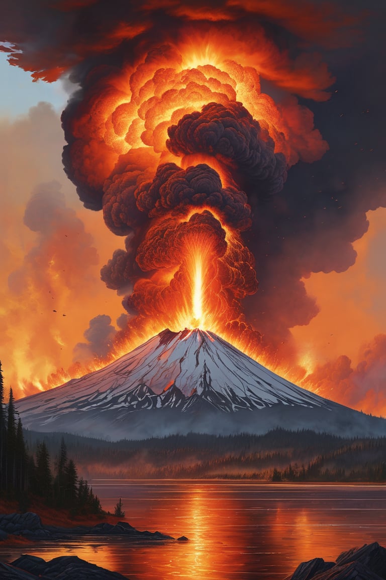 "An insanely detailed and hyperrealistic image of the explosive eruption of Mt. St. Helens at dawn, featuring pyroclastic flows, ash clouds, and volcanic lighting. The focal point of the artwork is the erupting volcano, depicted in breathtaking 8k detail by the unreal engine 5, Detailed Render, and dynamic lighting. The fiery reds and oranges of the eruption dominate the triadic color scheme, while the flickering and intricately detailed Splash art creates a chaotic and destructive atmosphere. The volumetric lighting adds an extra layer of realism to the already ultra-realistic image, created by the artistry of Greg Rutkowski, Artgerm, WLOP, Alphonse Mucha, and Simon Stålenhag - known for his hyperrealistic and detailed sci-fi landscapes. Stålenhag's style would lend itself well to capturing the intricate details of the eruption while also adding a touch of otherworldliness to the image. The Frostbite 3 engine and Cryengine further enhance the insane details of this ArtStation masterpiece using a combination 