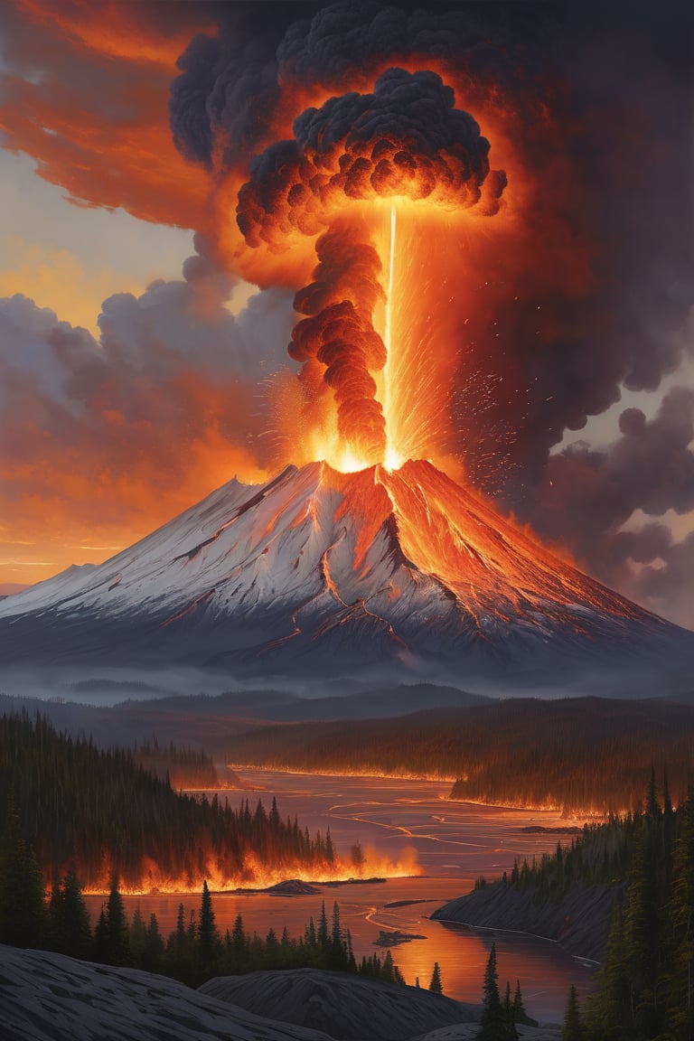 "An insanely detailed and hyperrealistic image of the explosive eruption of Mt. St. Helens at dawn, featuring pyroclastic flows, ash clouds, and volcanic lighting. The focal point of the artwork is the erupting volcano, depicted in breathtaking 8k detail by the unreal engine 5, Detailed Render, and dynamic lighting. The fiery reds and oranges of the eruption dominate the triadic color scheme, while the flickering and intricately detailed Splash art creates a chaotic and destructive atmosphere. The volumetric lighting adds an extra layer of realism to the already ultra-realistic image, created by the artistry of Greg Rutkowski, Artgerm, WLOP, Alphonse Mucha, and Simon Stålenhag - known for his hyperrealistic and detailed sci-fi landscapes. Stålenhag's style would lend itself well to capturing the intricate details of the eruption while also adding a touch of otherworldliness to the image. The Frostbite 3 engine and Cryengine further enhance the insane details of this ArtStation masterpiece using a combination 