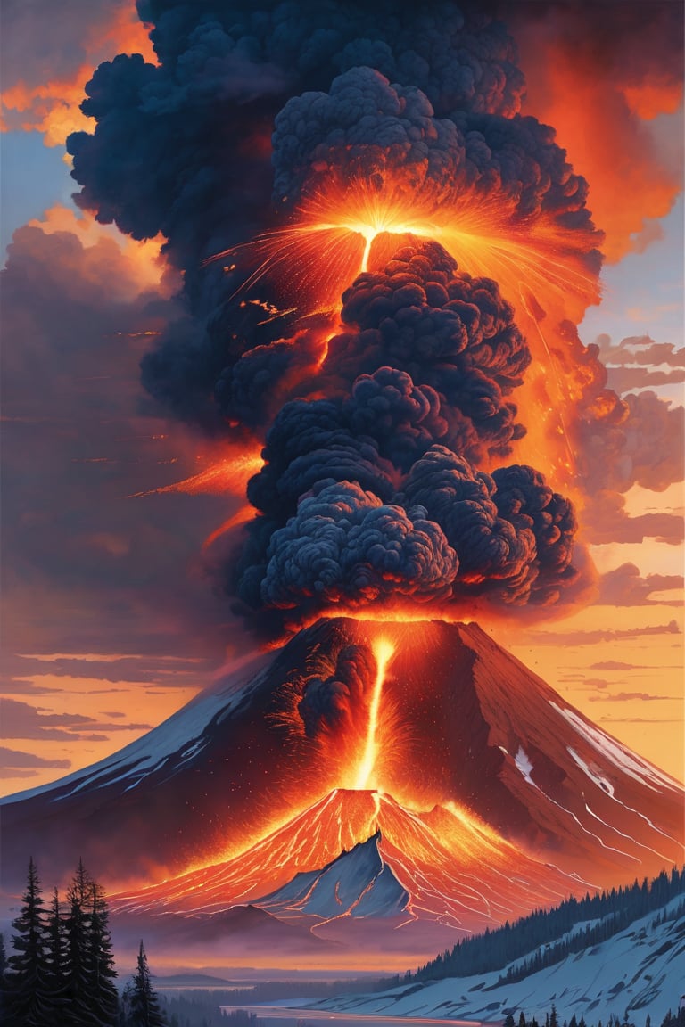 "An insanely detailed and hyperrealistic image of the explosive eruption of Mt. St. Helens at dawn, featuring pyroclastic flows, ash clouds, and volcanic lighting. The focal point of the artwork is the erupting volcano, depicted in breathtaking 8k detail by the unreal engine 5, Detailed Render, and dynamic lighting. The fiery reds and oranges of the eruption dominate the triadic color scheme, while the flickering and intricately detailed Splash art creates a chaotic and destructive atmosphere. The volumetric lighting adds an extra layer of realism to the already ultra-realistic image, created by the artistry of Greg Rutkowski, Artgerm, WLOP, Alphonse Mucha, and Simon Stålenhag - known for his hyperrealistic and detailed sci-fi landscapes. Stålenhag's style would lend itself well to capturing the intricate details of the eruption while also adding a touch of otherworldliness to the image. The Frostbite 3 engine and Cryengine further enhance the insane details of this ArtStation masterpiece using a combination 