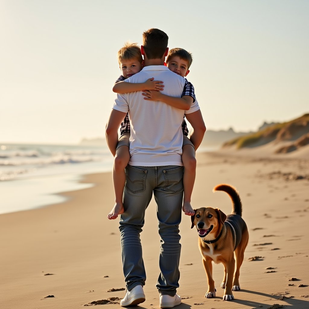 HUG FROM BEHIND, 2 BOY, FATHER AND  CUTE SON AND A DOG