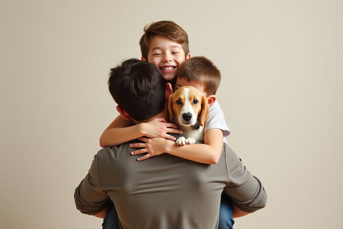 HUG FROM BEHIND, 2 BOY, FATHER AND  CUTE SON AND A DOG