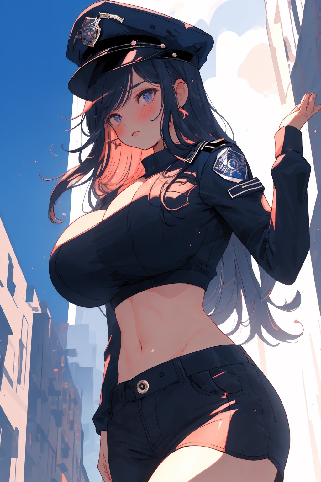 (masterpiece, best quality, highres:1.3), ultra resolution image, niji, 1girl, solo, gigantic breasts, looking at viewer, midriff, police, from below, midjourney, blush, side angle, cowboy_shot, modern background, 