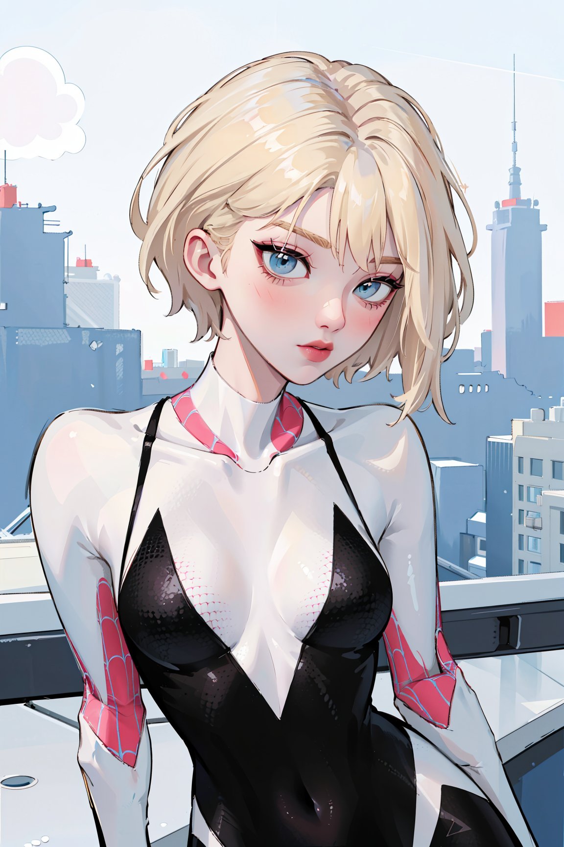 (masterpiece, best quality, highres:1.3), ultra resolution image, (1girl), (solo), (POV, dynamic angle, from top), gwen stacy, spider web print, spider gwen, short hair, flowing hairs,blonde hair, body suit, superhero,gwenstacy