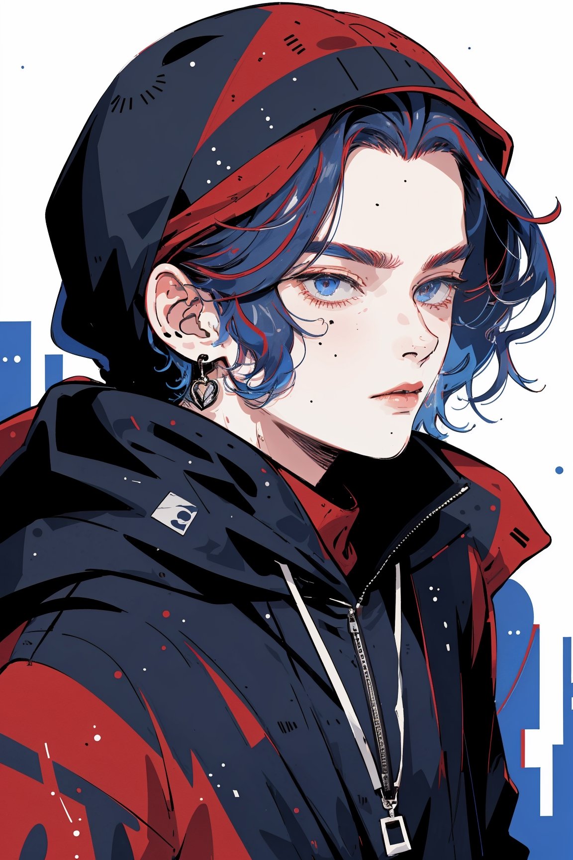 (masterpiece, best quality, highres:1.3), ultra resolution image, (1boy), (solo), Portrait, concept, a character, cyber-criminal, black hoodie, dynamic angle, from below

BREAK

His (short, curly, multi colored hair:1.3, black hair, red hair, blue hair) flows gracefully in the breeze,