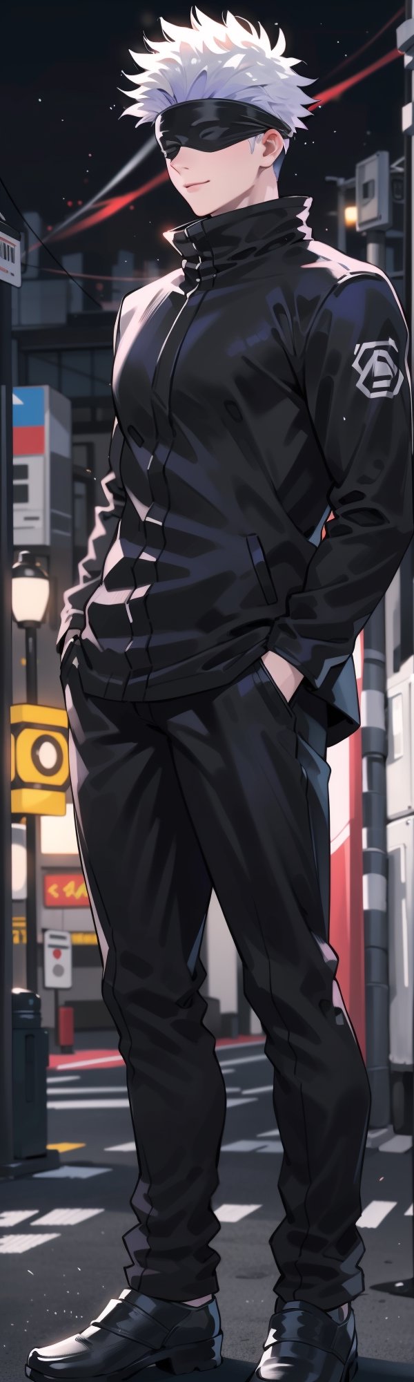 ((full body)), large_muscles, Gojo Satoru, focus male, black jacket, blindfolded, Jujutsu kaisen, mix of fantasy and realism, special effects, fantasy, ultra hd, hdr, 4k, realhands, neutral smile face, perfect, abandon city, blur lights, (masterpiece, best quality, highres:1.1, photorealistic:1.2), (realistic, realistic skin texture:1.2), (natural skin texture, hyperrealism, soft light, sharp), 