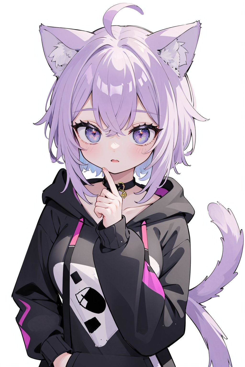 (masterpiece, best quality, highres:1.3), ultra resolution image, (1girl), (solo), upper body, :), nekomata okayu, cat ears, black_chocker, hoodie, ahoge