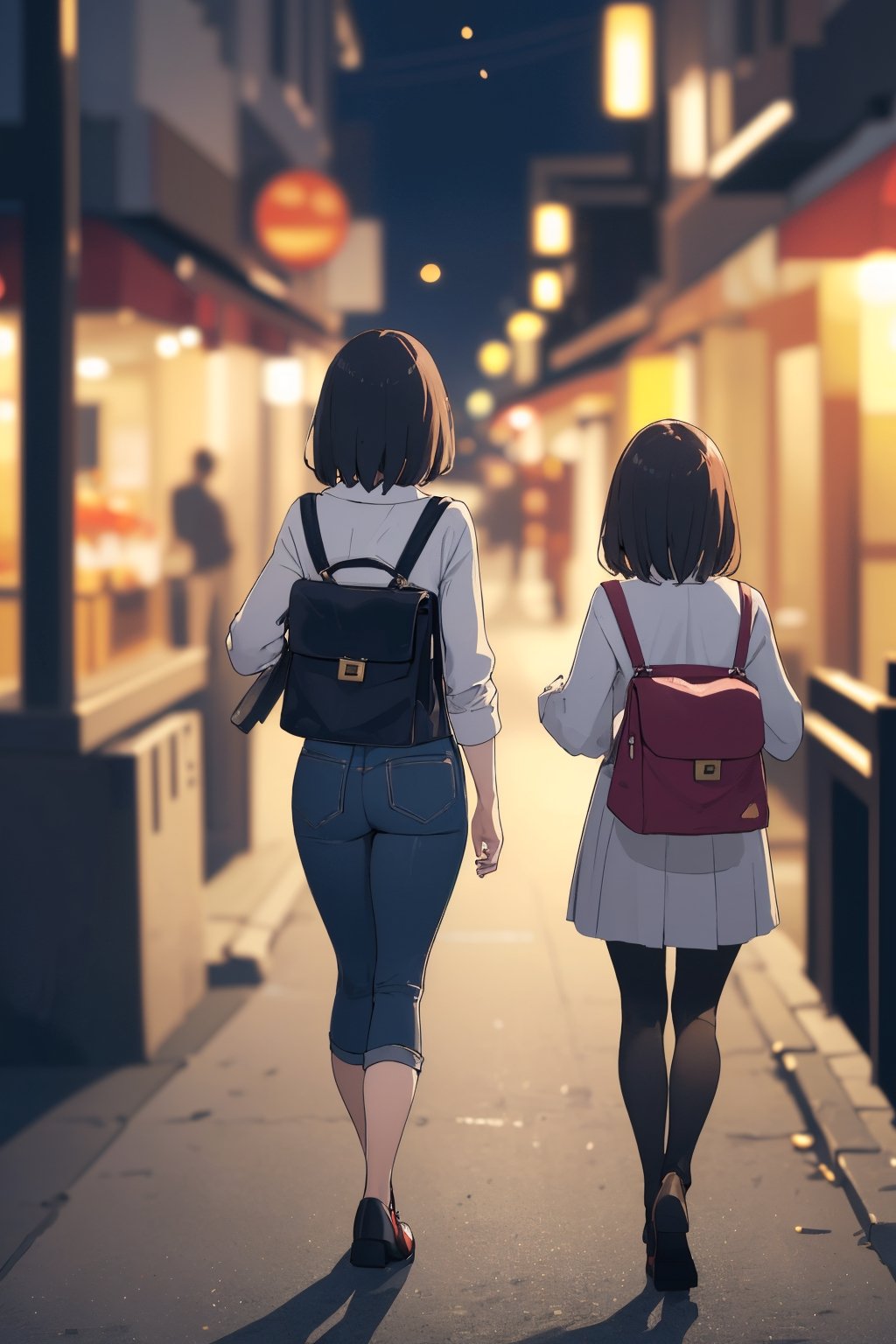 (masterpiece, best quality, highres:1.3), ultra resolution image, 1girl, full body, (depth of field, blurry foreground, blurry background:1.3), night city, from above, from back, from behind, path, bag, walking, POV, wide_shot, wide_angle,