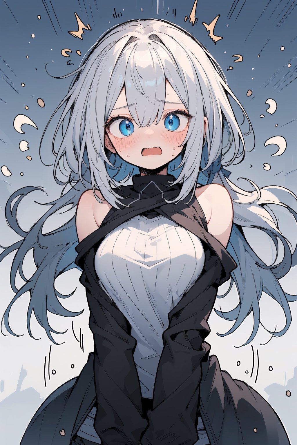 (masterpiece, best quality, highres:1.3), ultra resolution image, niji, sketch, manga, 1girl, (panicking, scared:1.2), flying sweatdrops, close-up, winter, silver hair, blue eyes,