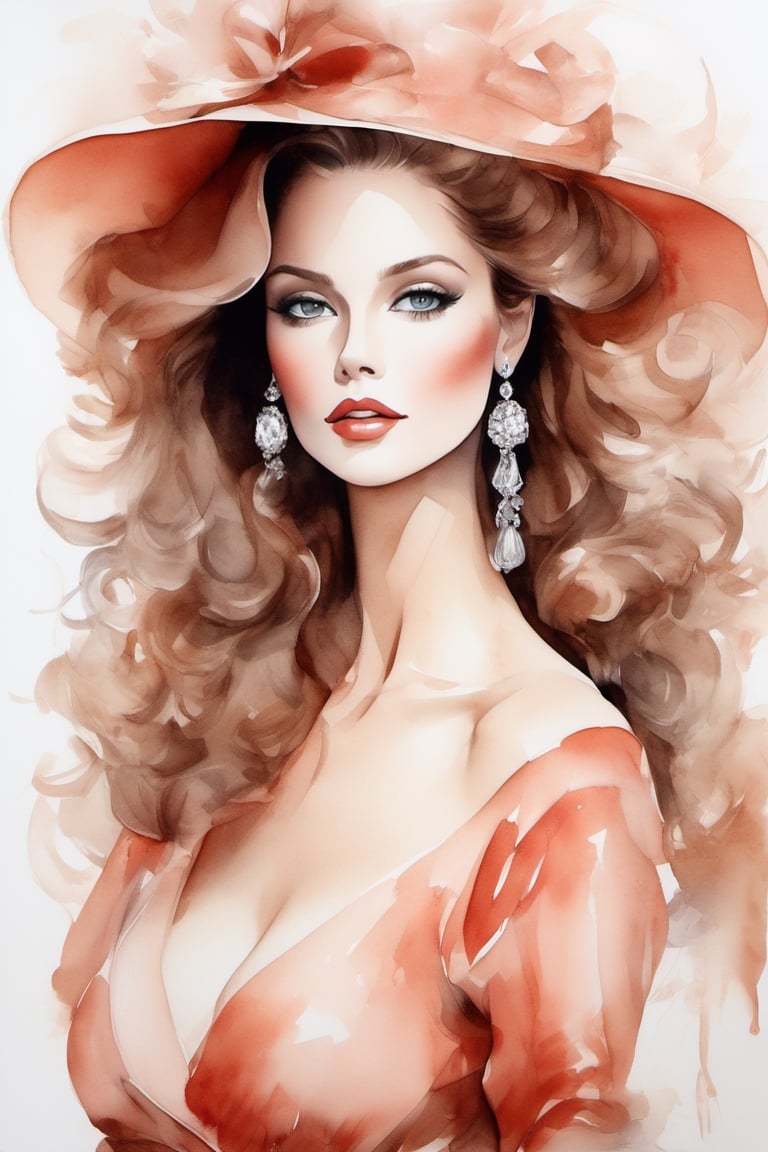 watercolor painting. high fashion, elegant lady, perfect image, voluminous earrings, sensual lips, motorsport, a masterpiece of beauty, impeccable style, luxurious curls, chiffon, organza, somon color, professional photo, in a chic outfit, luxurious design in the style of romanticism, high detail, professional photo, huge eyes, professional photo, best shot, cutout, big breasts