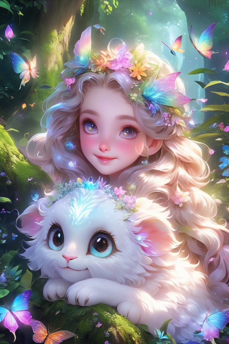(niji style, realistic), (extremely detailed 8K, high resolution, ultra quality, best quality, masterpiece, top quality, extremely detailed:1.5), Adorable Fantasy Creature, Rainbow Enchanted forest backdrop, Innocent eyes, gentle smile, Wonder and magic in the scene, Charming whimsical world inhabitant.