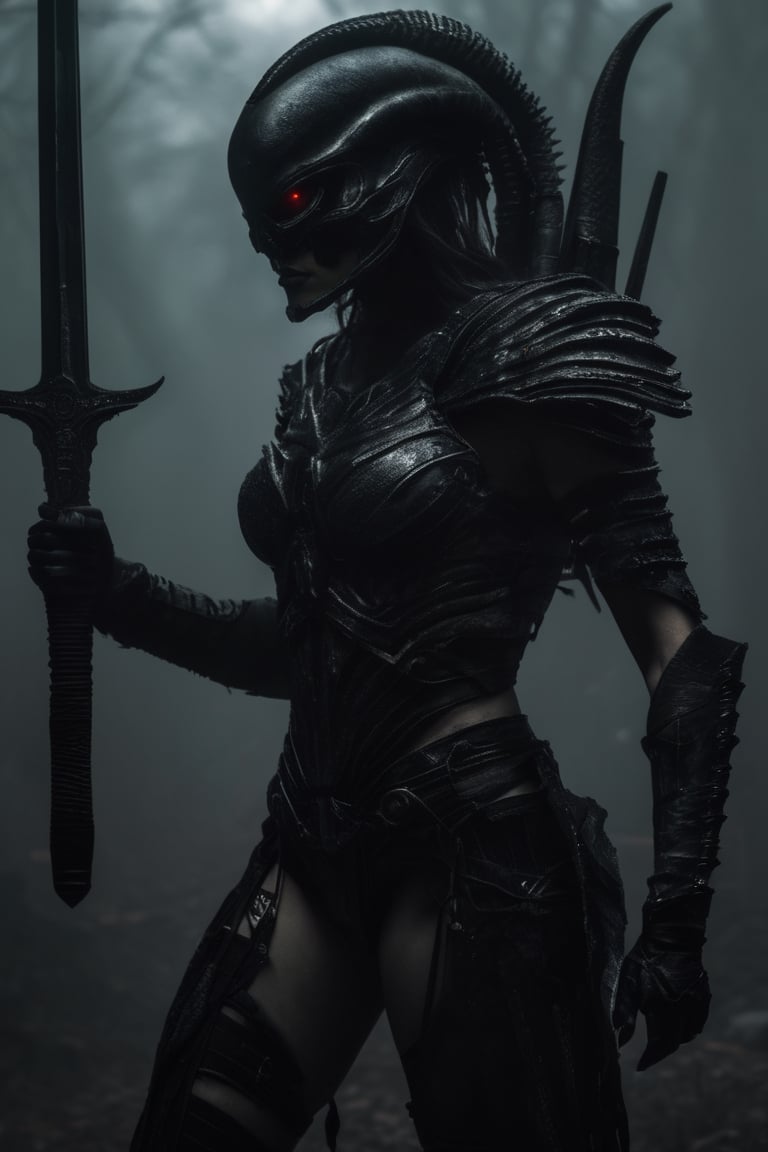 alien-themed of 1 female Warrior Greek, raised her sword across chest, unsettling, dark, spooky, suspenseful, grim, highly detailed, bleak, post-apocalyptic, somber, dramatic.