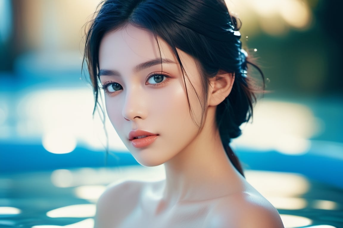 Portrait of 1 beautiful lady, young, bare shoulder, beautiful collarbone, detailed face, shiny eyes, glossy lips, water splash, blue colors filter