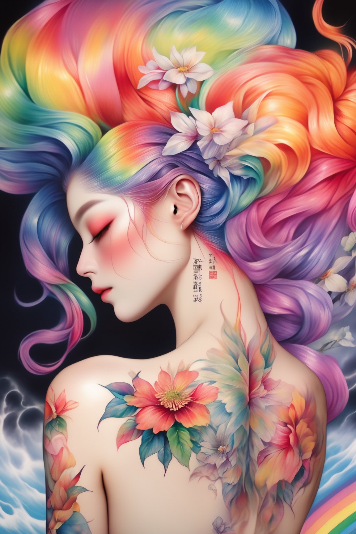 (masterpiece, best quality, niji style, realistic), beautiful lady back, high detail skin, hearted-lip, rainbow hair, Flower tattoo on back, upper body shot, eyes closed.