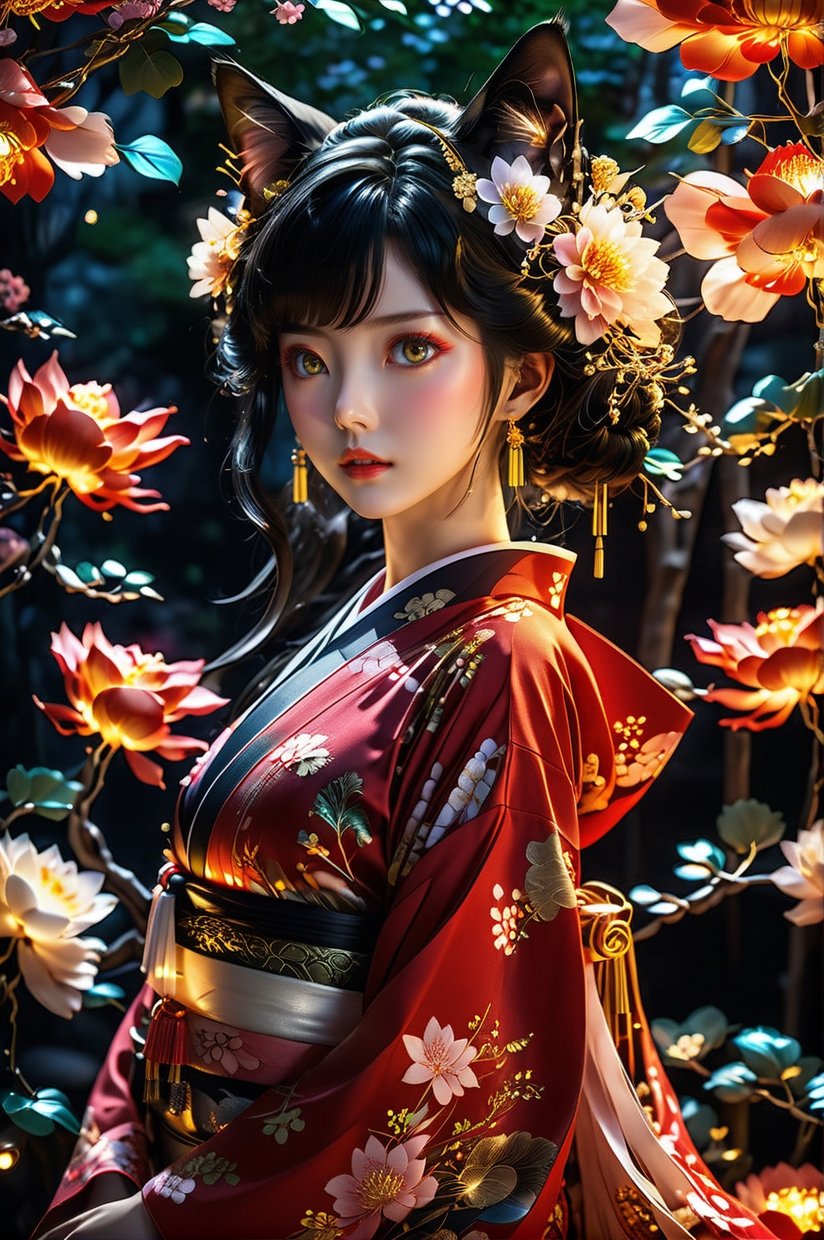 Kyoto Animation style anime, beautiful, sexy black-haired woman, ethereal, (16 years old), red kimono, yellow kimono, sash, makeup, beautiful face, obi, floral print, red flower, bell hairornament, cat ears, mahjong game, mahjong, table, cowboy shot, fantasy punk, Cinematic lighting, ethereal light, intricate detail, extremely detailed, incredible detail, full color, intricate detail, extremely detailed and intricate, ultra-minimalist, extremely detailed, rich in color. Masterpiece, best quality, HDR, UHD, Unreal Engine. Representative, fair skin, rich details and high quality, gorgeous, 8k, ultra-details, gorgeous light and shadow, meticulous decoration, meticulous lines, glitter