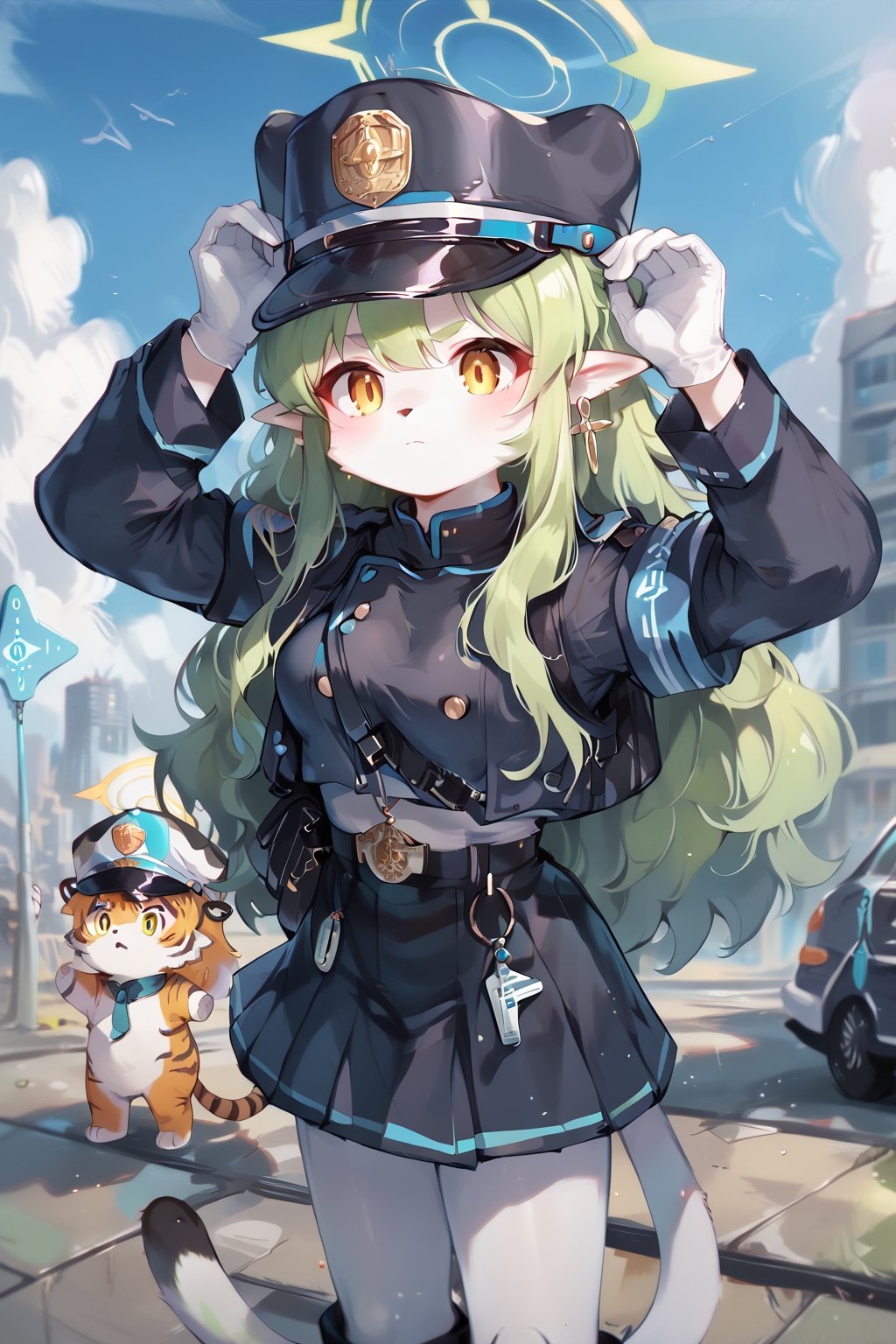 score_9, score_8, score_7, medium breasts, hikari-default, hikari_\(blue archive\), yellow eyes,green hair,long hair,earring,pointy ears,halo,tail,jacket,skirt,arm band,white pantyhose,white gloves,(peaked cap:1.5),long sleeves,boots, expressionless,(closed mouth:1.5), :(,Fown,Purse one's lips, Hands_on_head,Hands on head,palms_up, standing, tiger furry, furry white tiger, (white tiger:1.4), white fur, white skin, anthro,hikari,furry