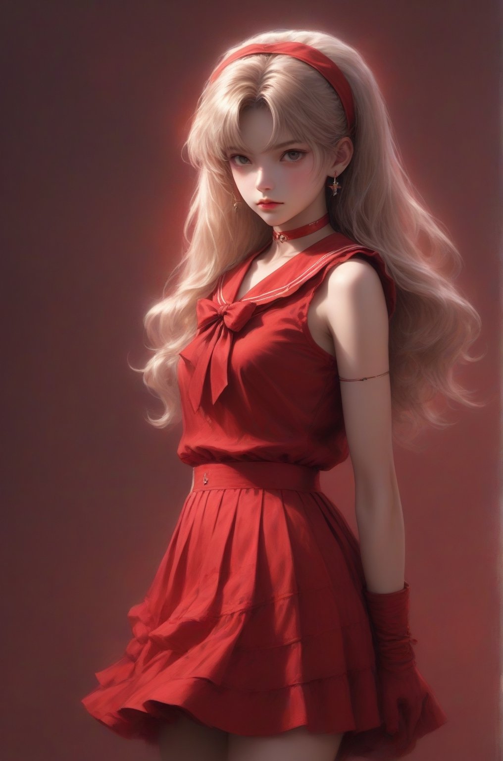 (minimalism), 3D anime style, 1girl, solo, long hair, looking at viewer, skirt, shirt, blond hair, gloves, bow, jewelry, closed mouth, upper body, pleated skirt, earrings, sleeveless, choker, elbow gloves, bowtie, sailor collar, star (symbol), blurry, red bow, lips, red skirt, magical girl, tiara, circlet, realistic, star earrings, sailor senshi uniform, red sailor collar, hino rei, red background, from 1985 dark fantasy film art, acid horror film directed by Ryûtarô Nakamura