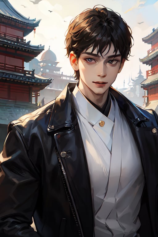 masterpiece, half body shot of a man wearing a black leather jacket, white shirt underneath, good art, male, 1boy, black_hair, short-hair, bangs, gold_eyes, realistic eyes, realistic pupils, full eyes, sharp pupils, even eyes, sharp details, good art, smiling, realistic eyes, dark, Dark fantasy, japanese fantasy,zhongfenghua,SAM YANG