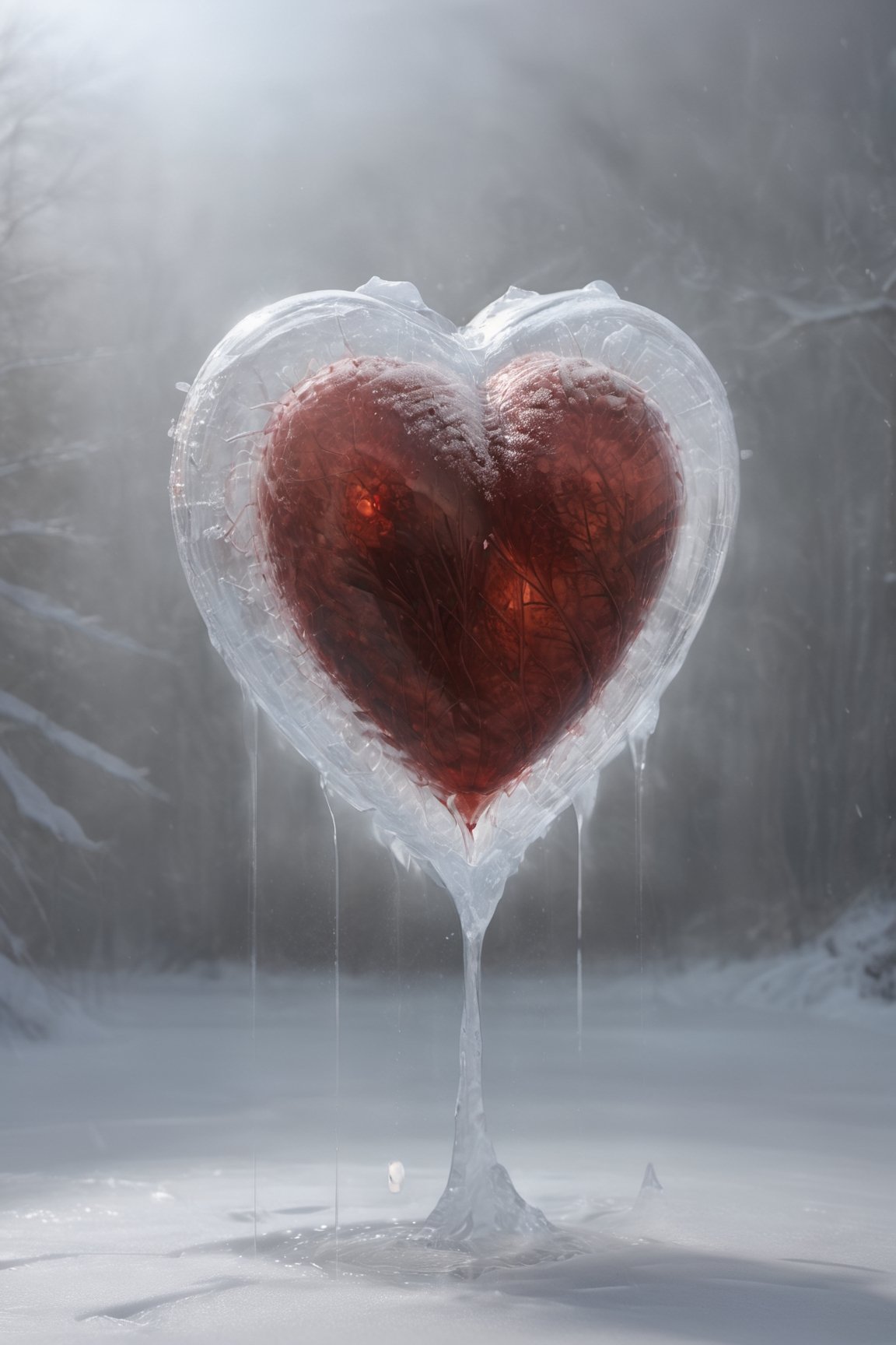 Bleeding human heart ,from inside the snow, melting wax bleeding  blood,frightened, (heart is surrounded by snow is ice ) pool of frozen water, veins in highlights , Ultra realistic, , realistic . 64k. masterpiece, heart blooding, cinema style, connection love , detailed photo, Arnold render, 16K, cinematic
