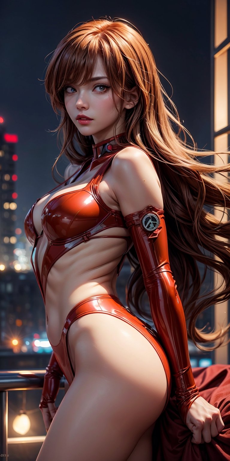 Asuka Langley Soryuu, total body pose, perfect faces asymmetric, femme fatal pose, with wavy long hair ginger, perfect lips, perfect nose, eyes brow, environmental city at night; a woman wearing fashionable clothes, camera, , portrait, anime stile 90, realistic draw