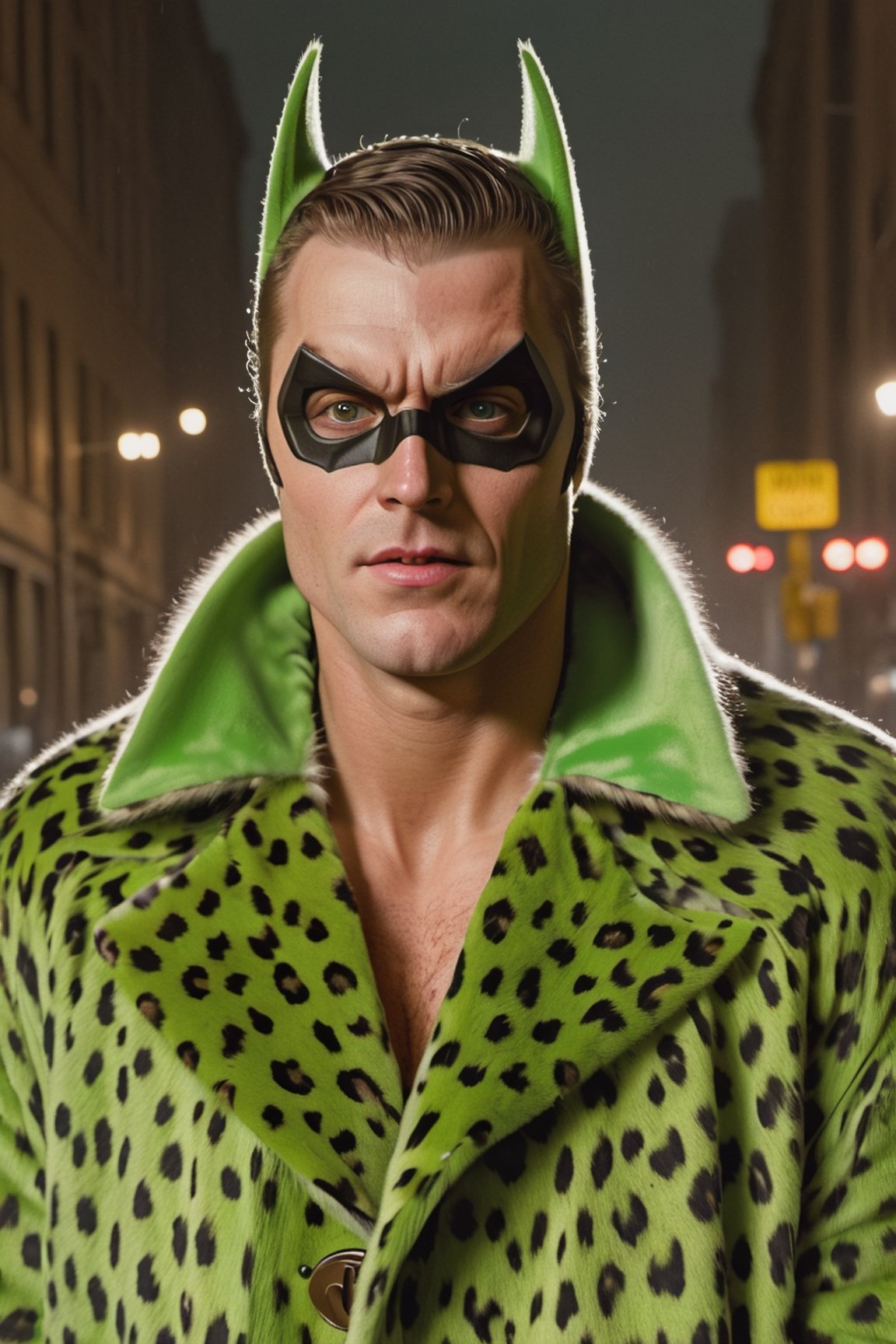 Hyperrealistic art, Photographic, photorealistic, Craft an elaborate and hilarious image of batman wears fur green acid leopardat coat in 1980s moschino style, unexpectedly transformed into , fashion in gucci style, Enrich the scene with a ghotam city background night rain .wears fur coat in 1980s gucci style,  Ensure batman retains the iconic costume, and let the entire composition radiate with humor in this uniquely amusing superhero moment.,64k, hyperrealistic ,Extremely Realistic,Movie Still,detailed face features, sharp eyes, extremely detailed, photorealistic, highly detailed, organic, dynamic, ultra realistic, high definition, intricate details, crisp quality . Extremely high-resolution details, photographic, realism pushed to extreme, fine texture, incredibly lifelike