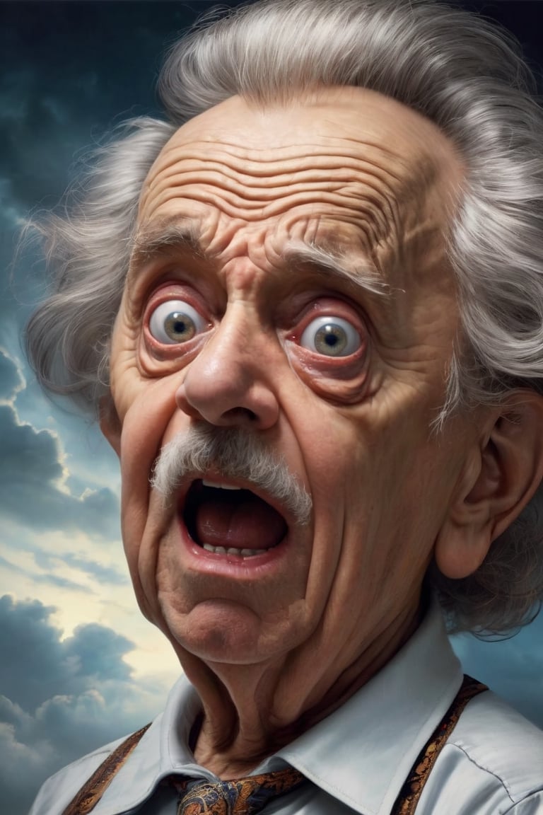 Hyperrealistic art Very old frightened and scared grandpa with fear in eyes, mad sky hallucination by Mundford, baroque maximalist, chibi by Artificial Nightmares, Stanley Artgerm, Tim Burton, detailed face features, sharp eyes, extremely detailed, photorealistic, highly detailed, organic, dynamic, ultra realistic, high definition, intricate details, crisp quality . Extremely high-resolution details, photographic, realism pushed to extreme, fine texture, incredibly lifelike