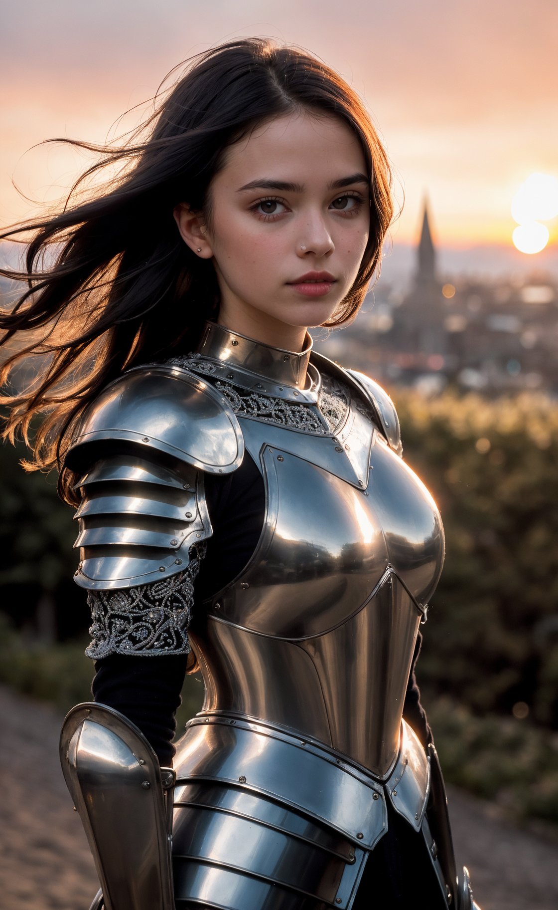 (masterpiece), (extremely intricate:1.3), (realistic), portrait of a girl, the most beautiful in the world, (medieval armor), metal reflections, upper body, outdoors, intense sunlight, far away castle, professional photograph of a stunning woman detailed, sharp focus, dramatic, award winning, cinematic lighting, octane render  unreal engine,  volumetrics dtx, (film grain, blurry background, blurry foreground, bokeh, depth of field, sunset, motion blur:1.3), chainmail