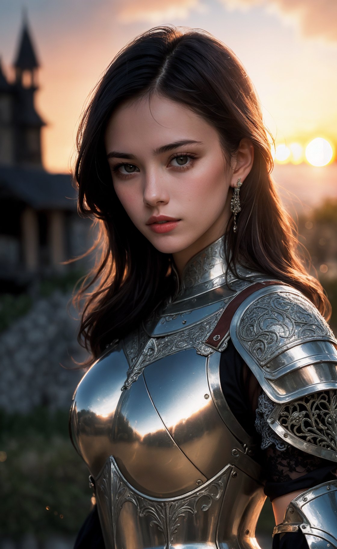 (masterpiece), (extremely intricate:1.3), (realistic), portrait of a girl, the most beautiful in the world, (medieval armor), metal reflections, upper body, outdoors, intense sunlight, far away castle, professional photograph of a stunning woman detailed, sharp focus, dramatic, award winning, cinematic lighting, octane render  unreal engine,  volumetrics dtx, (film grain, blurry background, blurry foreground, bokeh, depth of field, sunset, motion blur:1.3), chainmail